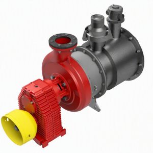 Industrial irrigation pump with red and yellow components for farming.