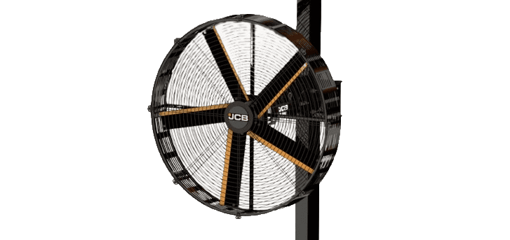Large industrial wall fan for ventilation in farming environments.