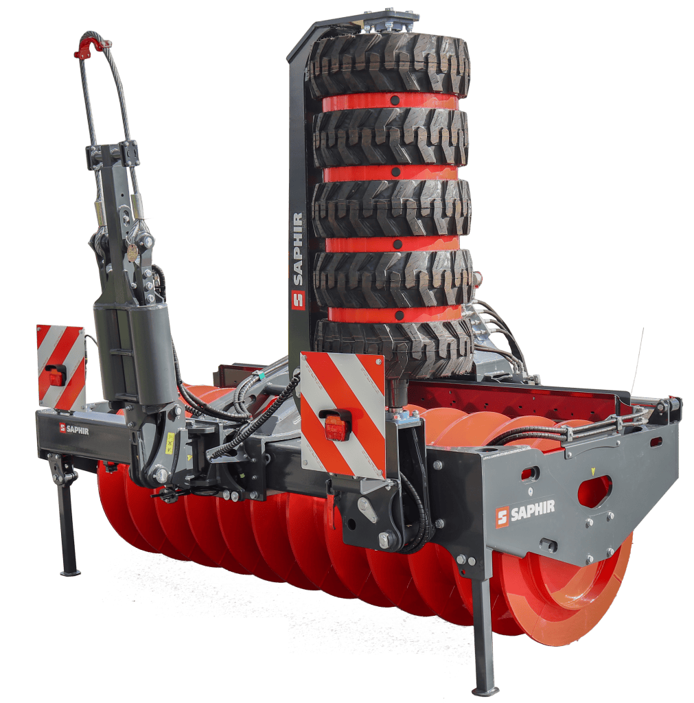 Agricultural silage attachment with large wheels and roller system for forage harvesting.