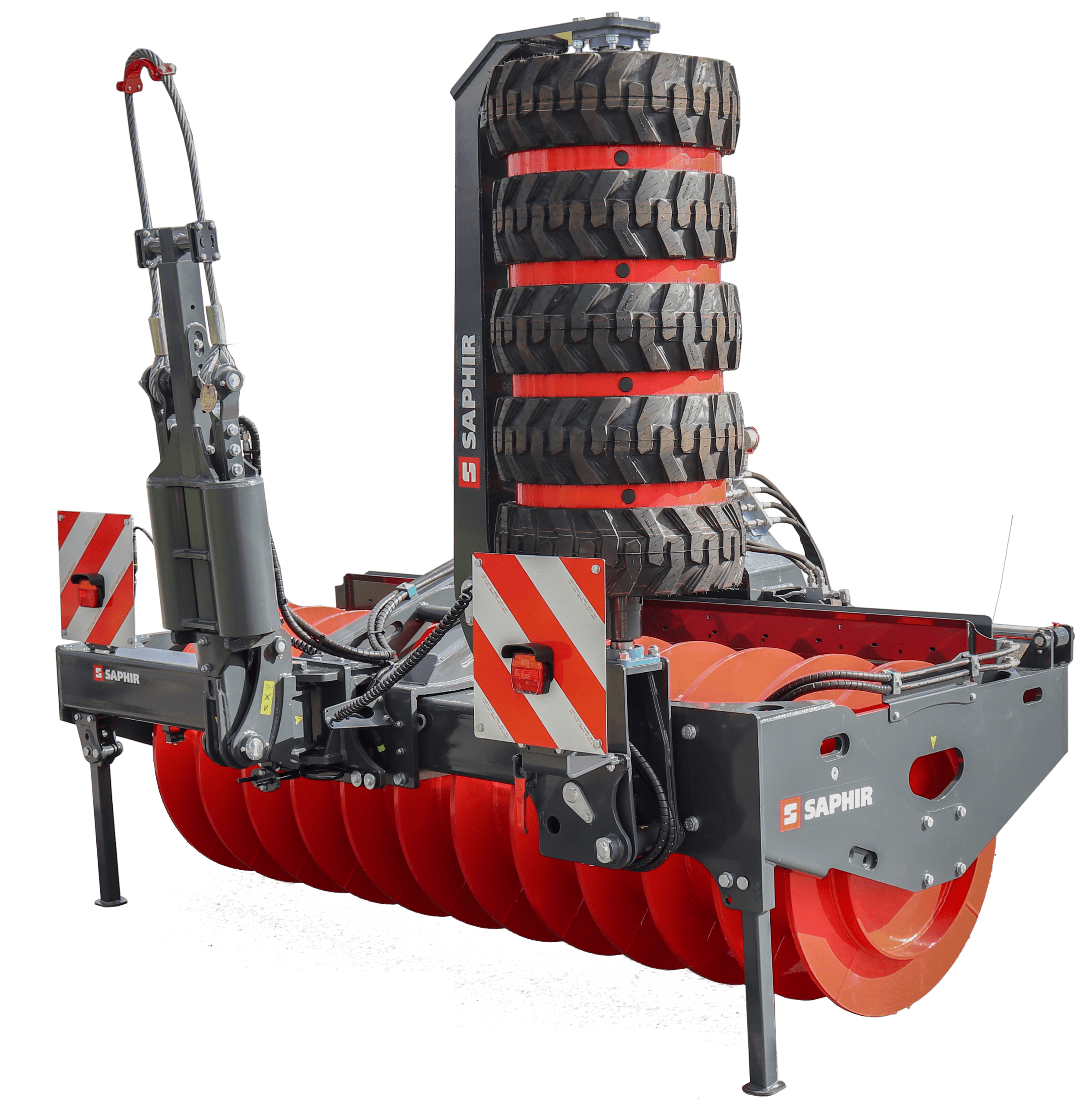 Agricultural silage attachment with large wheels and roller system for forage harvesting.